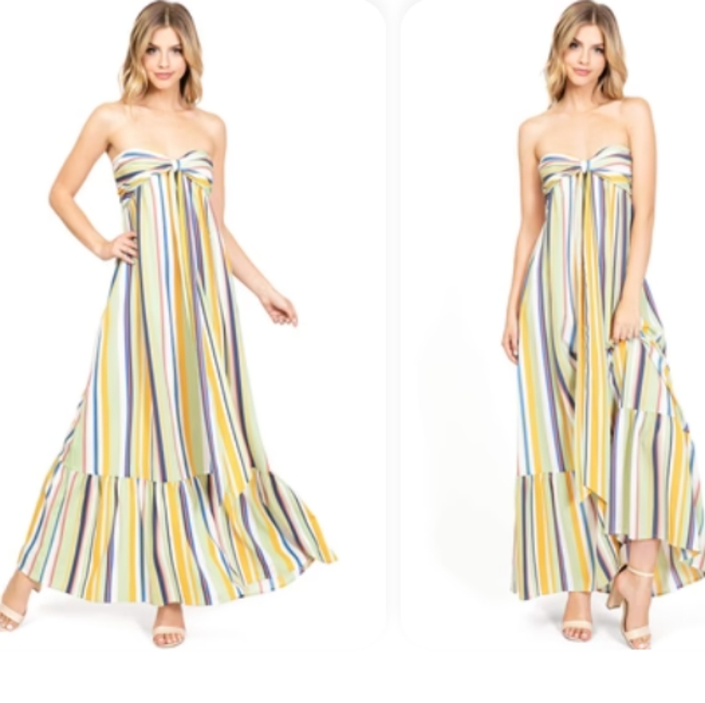 A. Calin by Flying Tomato Striped Strapless Maxi Halter Dress